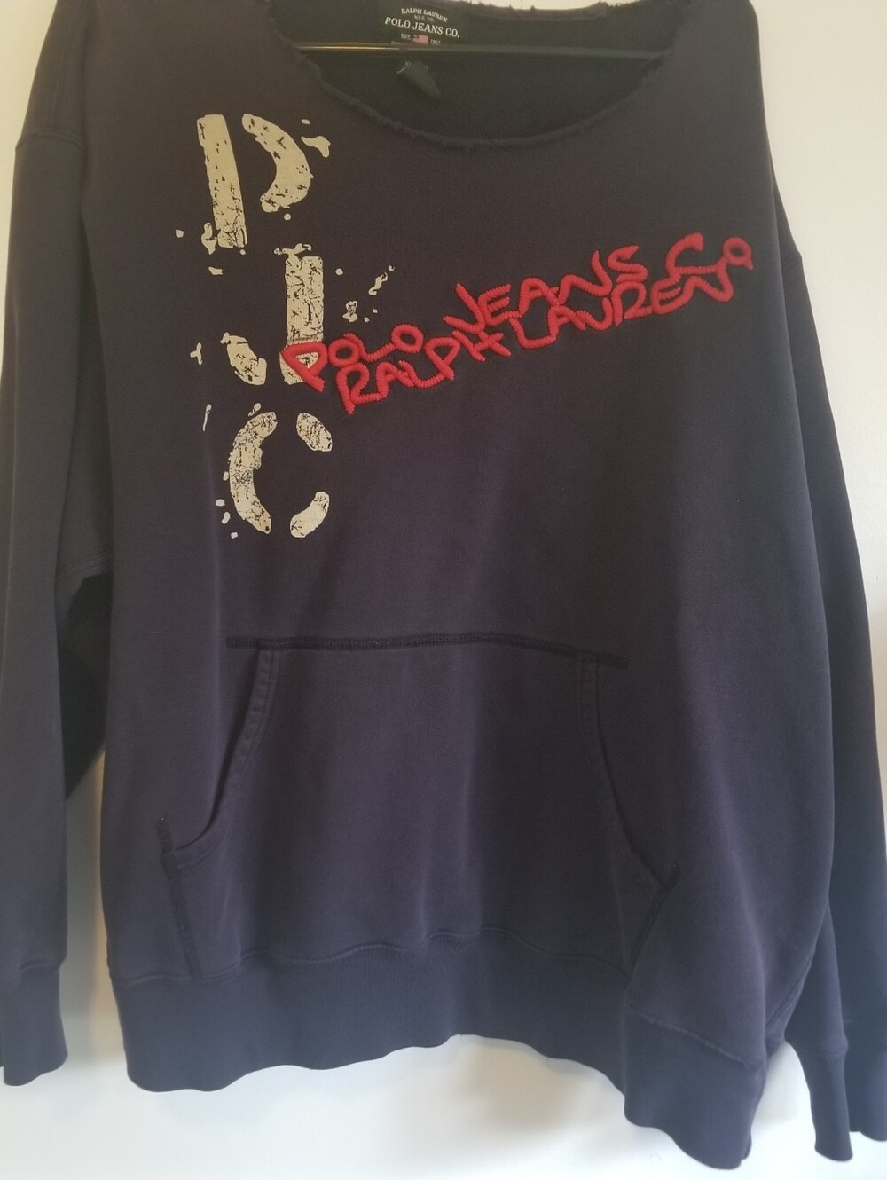 Vintage Polo Jeans Co Ralph Lauren Distressed Raw Hem Graphic Sweatshirt XL Navy